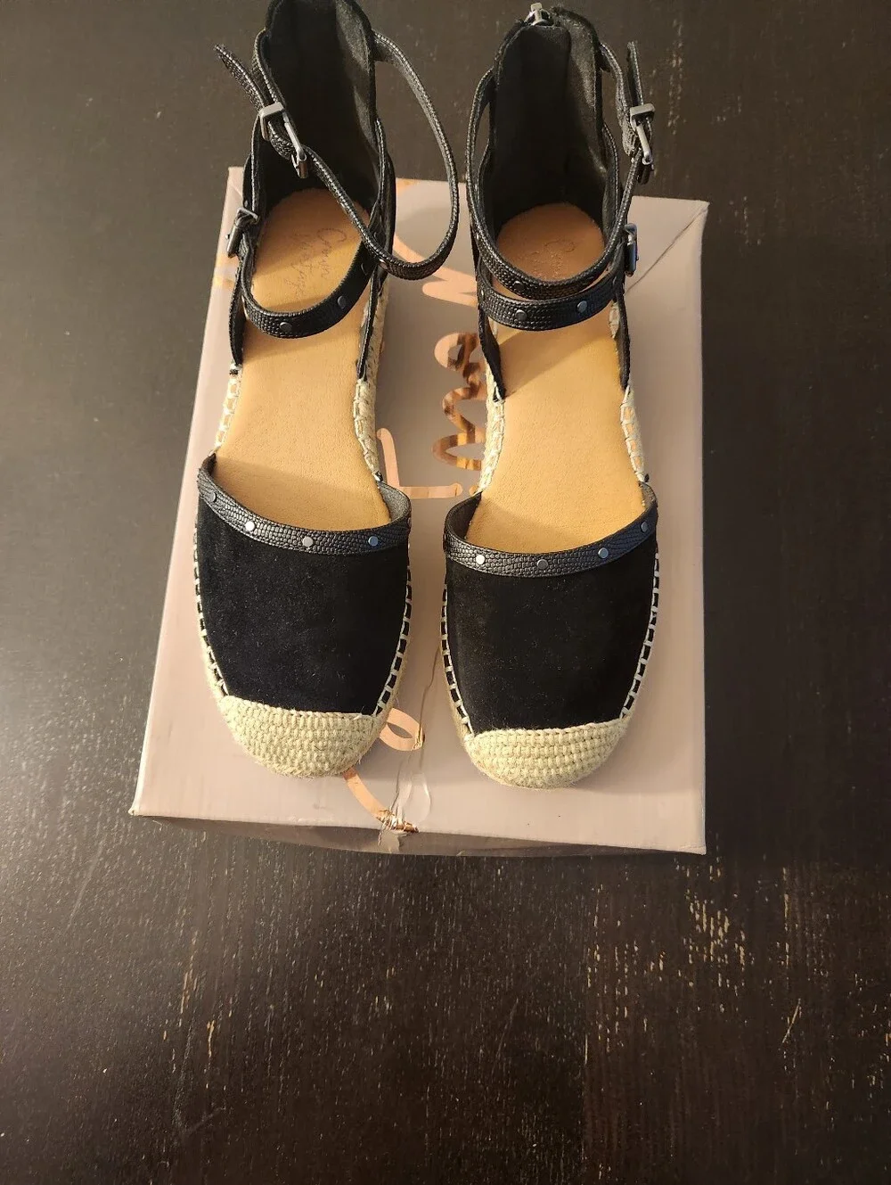 Crown Vintage Women’s Black Espadrille Ankle-Strap Wedges
